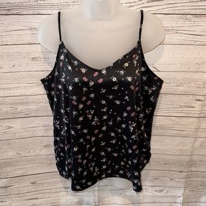 Wild Fable Black Satin Tank with Adjustable Straps and Floral Print Size Medium